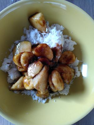 Our puttu (coconut, rice flour and cumin seeds) with sugar, banana and pear at Coconut Lagoon in York