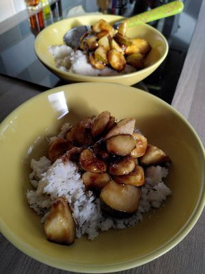 Our puttu (coconut, rice flour and cumin seeds) with sugar, banana and pear at Coconut Lagoon in York