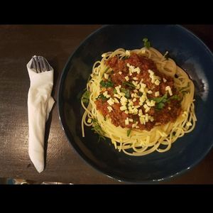 Soy-free Spaghetti Bolognese at Café Rebel Milo in Leipzig