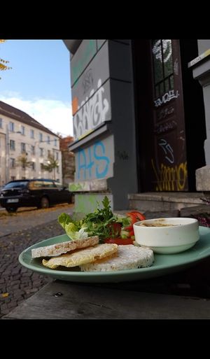 Scrambled Tofu on Rice and Corn Puff Cakes at Café Rebel Milo in Leipzig