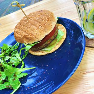 The red lentils burger and the Milo lemonade at Café Rebel Milo in Leipzig
