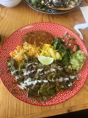Ropa vieja, comes with side refried beans, rice with veggies, guac, lime, sour curtido onion, pico de gallo, and 3 corn tortillas. Yes that is cashew crema and yes it was all 💯  at La Chaiteria in Tucson