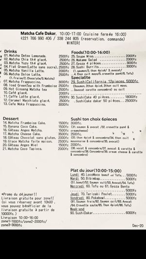 Menu. "Plat de jour" has a daily vegan option. at Matcha Café in Dakar