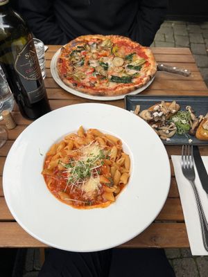 Vegetarian pizza, penne pasta, and bruschetta - all sub vegan cheese   at Bistro Bianconi in Sligo