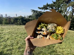 Dinner vegan Bento box filled with six sushis, edamame, two lil’ spring rolls, a potato smash, rice noodles salad and some kind of soj cake (12€ ready in 5min)  at Itadakizen Paris in Paris