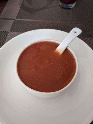 Tomato basil soup (vegan) at Cafe Veda in Jaipur