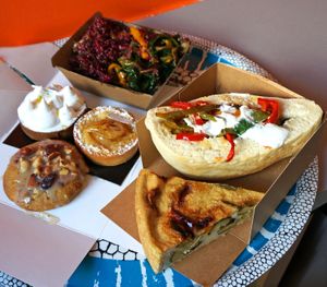 Salad of the day + Sandwich Falafel + Roasted Vegetables Quiche + Cheetah Cookie + Bourdaloue Tart + Lemon Meringue Tart at Land & Monkeys - Beaumarchais in Paris