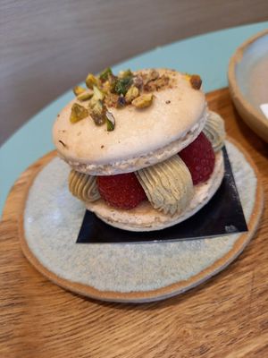 Raspberry and pistachio macaroon, amazing! at Land & Monkeys - Beaumarchais in Paris