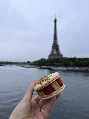 Macaron with pistachio cream & raspberry to go!  at Land & Monkeys - Beaumarchais in Paris