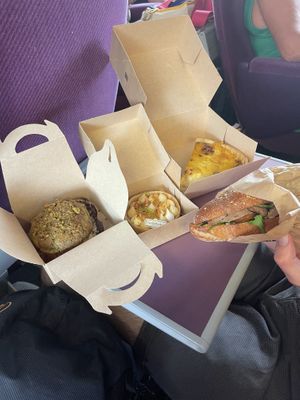 Marble cake & cookie, far left. Then, lemon meringue, quiche ‘lorraine’ and a Seitan Fermier sandwich  at Land & Monkeys - Beaumarchais in Paris