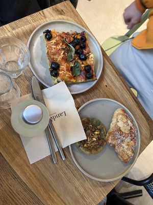 focaccia, almond croissant & chimp cookie!   at Land & Monkeys - Beaumarchais in Paris