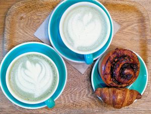 Matcha Latte+ Babka + Mini croissant at Land & Monkeys - Beaumarchais in Paris