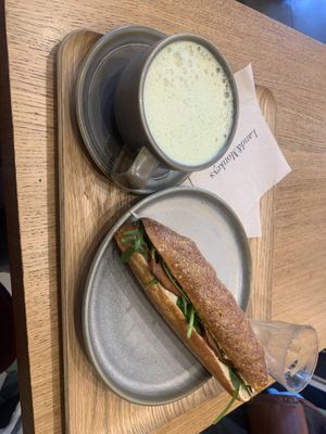 Matcha and sandwich with tofu and baconn  at Land & Monkeys - Beaumarchais in Paris