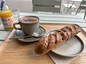 Vionnoiserie Chocolat (great) and mocaccino (too sweet)  at Land & Monkeys - Beaumarchais in Paris