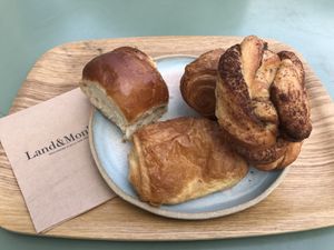 brioche, pain au chocolat, cinnamon roll at Land & Monkeys - Beaumarchais in Paris