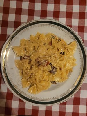 Farfelle with white sauce, sundried tomatoes, and seitan at Al Sanpietrino Trattoria in Lisbon