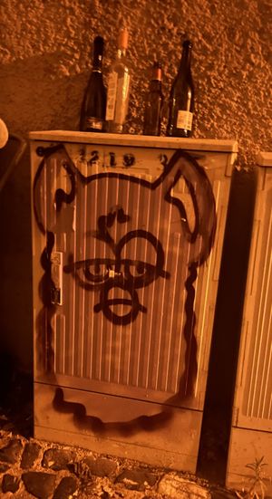 If you can’t find it, it’s the door without a sign in front of the Furby graffiti 😂♥️  at Al Sanpietrino Trattoria in Lisbon
