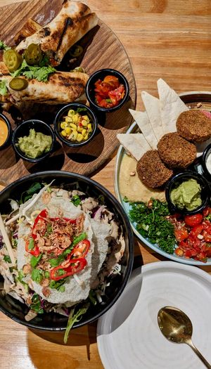 Vegan Mexican Fajitas Wrap, Flavours of Asia Bowl, Falafel Bowl at Genius Central in Central Singapore