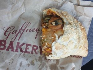 Vegan pastie filled with lots of roasted veg at Gaffney's Bakery in Heathcote