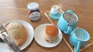 Vegan pastie, relish, vegan muffin & tea with soy at Gaffney's Bakery in Heathcote