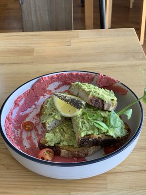 Avocado toast, beetroot hummus at The Bean Brewers in Chippendale