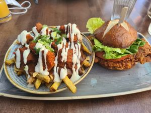 Chicken Burger and Buffalo Fried at Vegan Street in Calgary