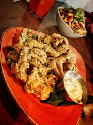 Wow! Blue oyster mushroom and jalapeño calamari  at Vegan Street in Calgary