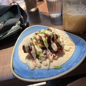 Chickin Taco, with bbq sauce  at Vegan Street in Calgary