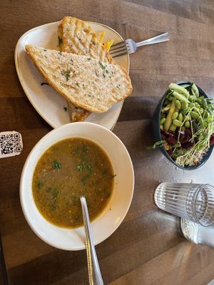 Mushroom soup(delicious), grilled cheese gooey and crispy, beet salad with lemon grass tofu. This was actually too much food but I enjoyed eating the rest at home.  at Vegan Street in Calgary