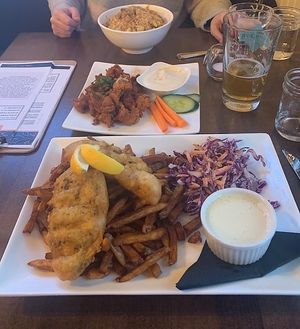 No-Fish and Chips, Chickin Bites (hot) with Blue Cheeze Dip, Mac N Cheeze with Crispy Jalapenos. at Vegan Street in Calgary