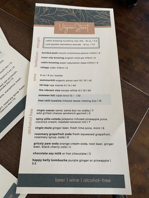 Drink menu at Vegan Street in Calgary