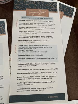 Cocktail menu at Vegan Street in Calgary