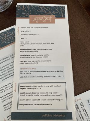 Coffee/dessert menu  at Vegan Street in Calgary