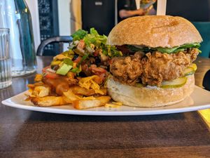 Seitan burger and nacho fries at Vegan Street in Calgary