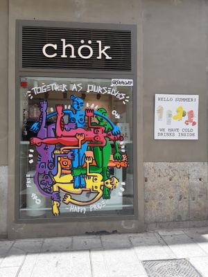 Temporary pro LGBTIQ+ themed shop window at Chök in Madrid