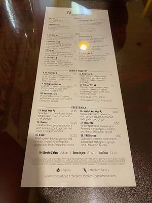 Menu Card at Zagol Ethiopian in Reno