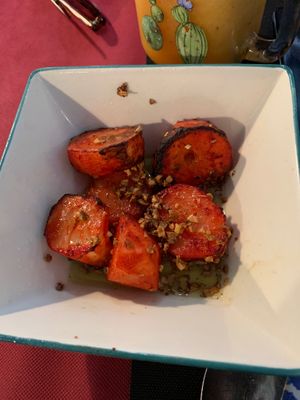 delicious potatoes with garlic & Alioli, lémon, etc at Taj Palace in Malaga