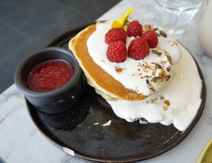 Pancakes fluffy w/raspberry confiture (Brunch menu) at Urban Greener in Paris