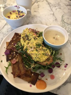 Vegan omelette toast with vegan bacon + gaspacho  at Urban Greener in Paris