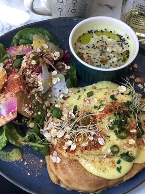 Tofu benedictine pancakes + gaspacho  at Urban Greener in Paris