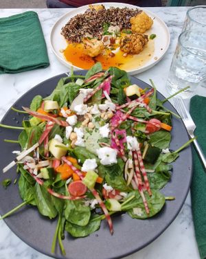 Quinoa with cauliflower, lasagna with salad and vegan feta at Urban Greener in Paris