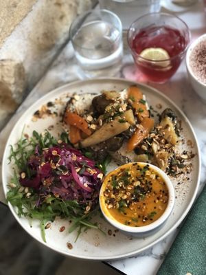 Lemon and cashew cream on toast, soup, Grilled vegetables   at Urban Greener in Paris