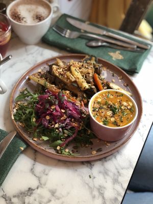 Smoked black beans cream on toast, soup, Grilled vegetables   at Urban Greener in Paris