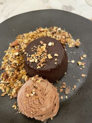 The chocolate cake filled with hazelnut and chocolate fondant   at Urban Greener in Paris
