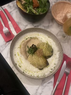 Stuffed cabbage with celeriac purée and parsley cream  at Urban Greener in Paris