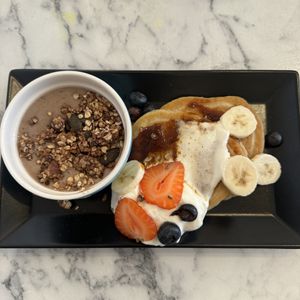 Granola bowl and pancakes   at Urban Greener in Paris