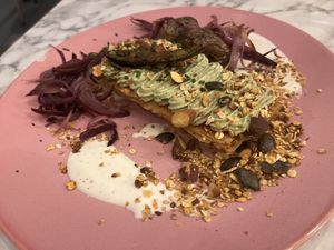 Mille-Feuilles with almond ricotta, mint, green crema, PTD, pine nuts, and fries cossco- veryyy interesting dish with numerous flavors that blended perfectly but not filling  at Urban Greener in Paris