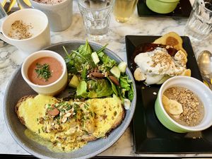 Brunch 😋: Tofu Benedict Toast + gaspacho and pancakes with plum jam and whipped cream + granola  at Urban Greener in Paris
