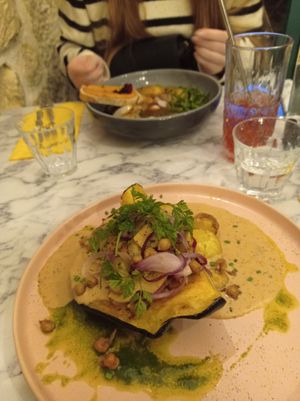 Main course of squash and miso cheese like sauce at Urban Greener in Paris