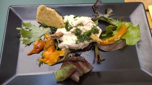 Entrée: truffe fromagère à l'amande, curd abricot, sable au romarin, pétals de pomme at Urban Greener in Paris